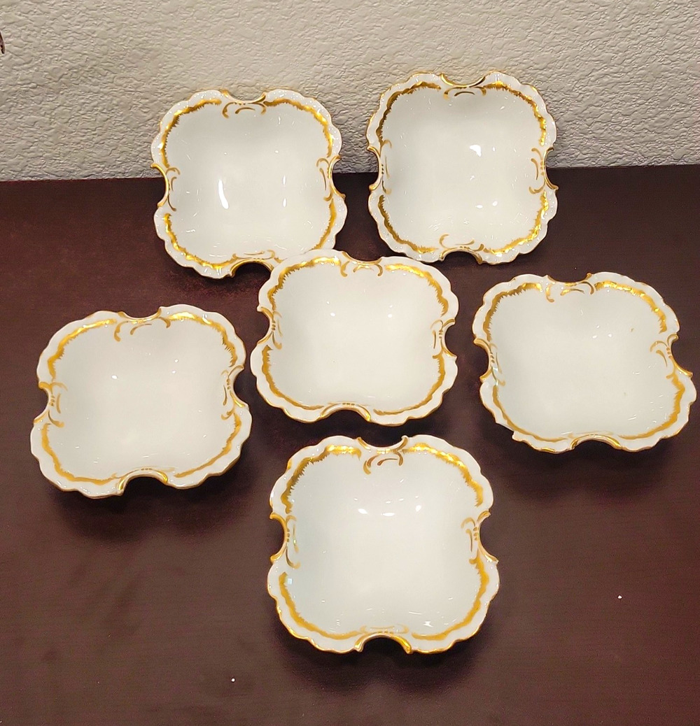 R.C. Monbijou Set of 6 White Porcelain Square Dishes Gold Trim Bavaria